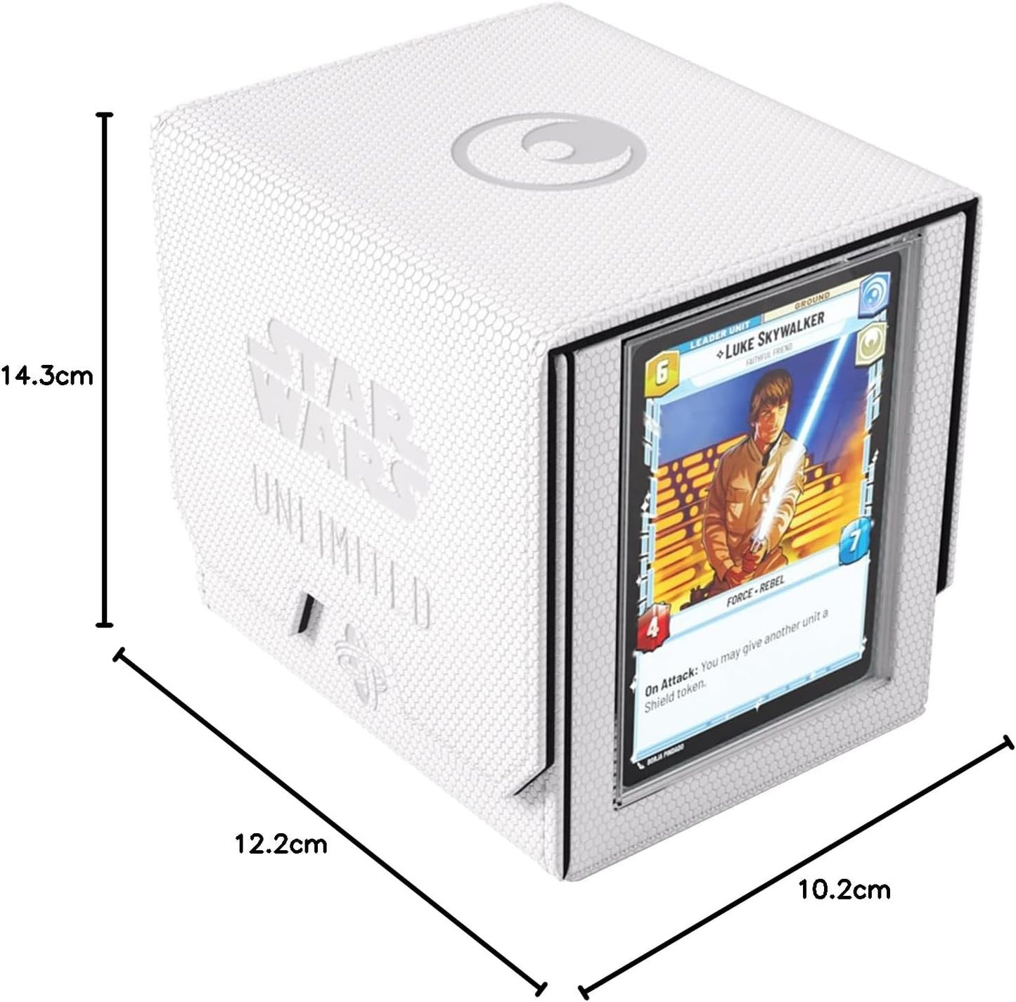 Star Wars: Unlimited Deck Pod - White/Black with a card featuring Luke Skywalker from 'Star Wars' and measurements indicated.