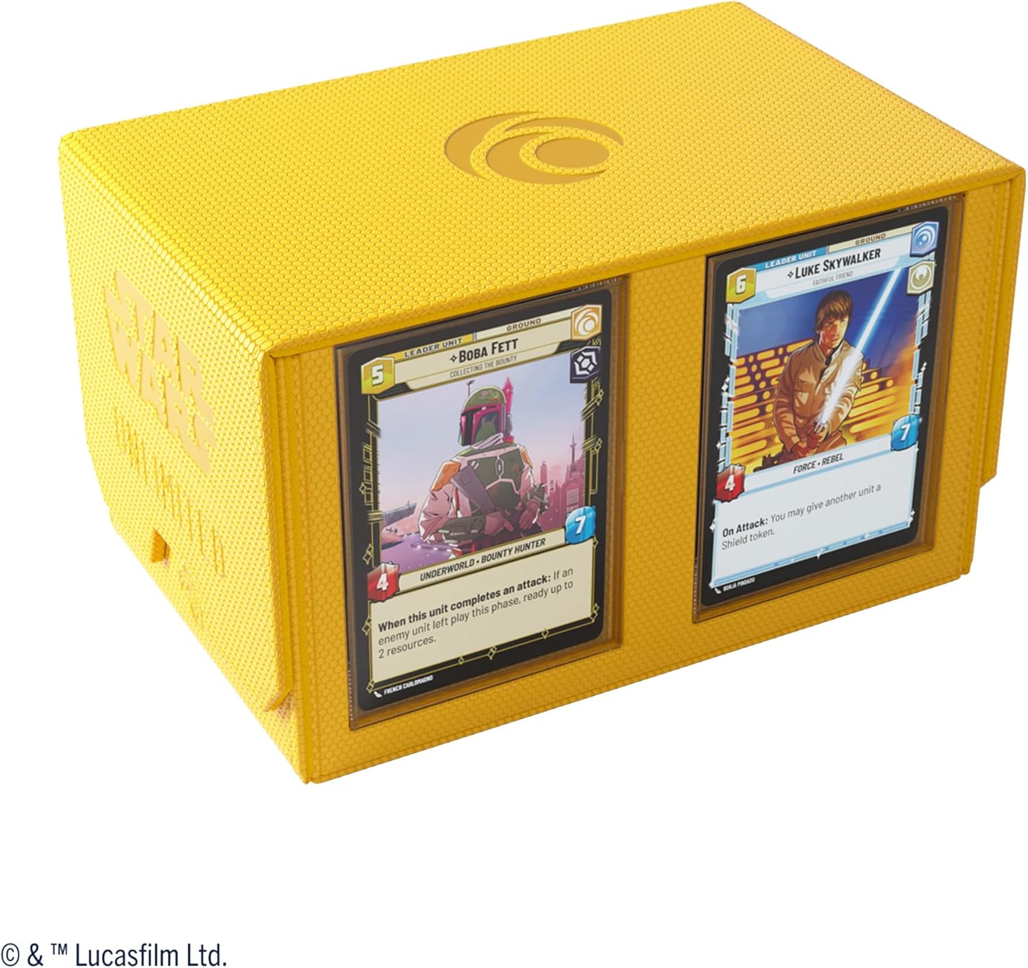 Star Wars: Unlimited Double Deck Pod - Yellow with Boba Fett and Luke Skywalker playing cards displayed