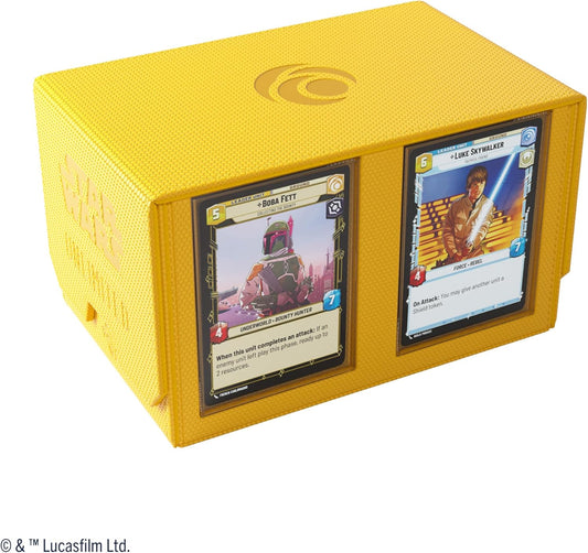 Star Wars: Unlimited Double Deck Pod - Yellow with Boba Fett and Luke Skywalker playing cards displayed