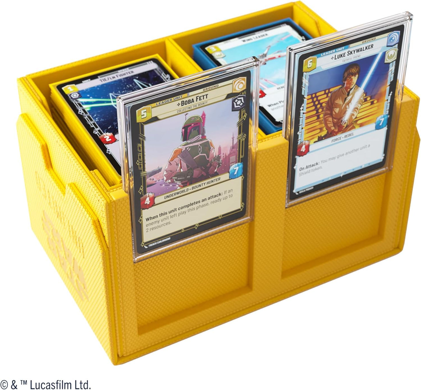 Star Wars: Unlimited Double Deck Pod - Yellow with Trading cards diplayed