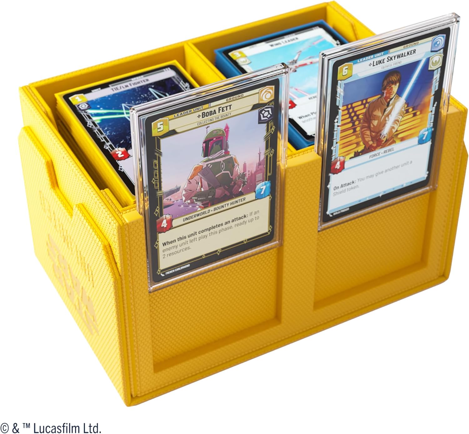 Star Wars: Unlimited Double Deck Pod - Yellow with Trading cards diplayed