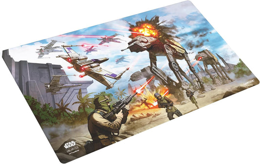 The Star Wars: Unlimited Game Mat - Battle of Scarif showing a cinematic illustration of a battle scene on the planet Scarif, with X-wings against  AT-AT walkers.
