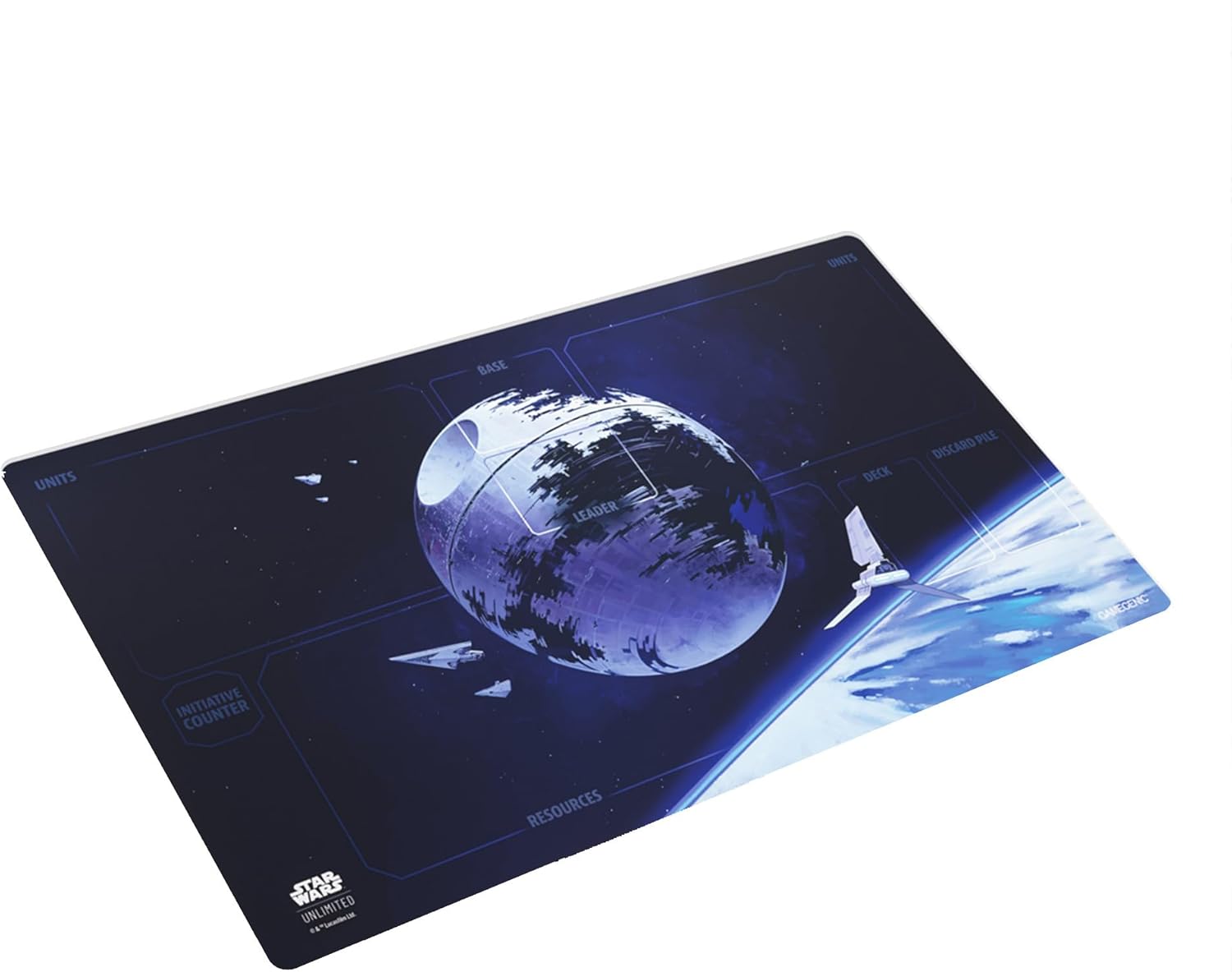Star Wars Unlimited Game mat with Iconic Death Star set against a starry, galactic background on a white background