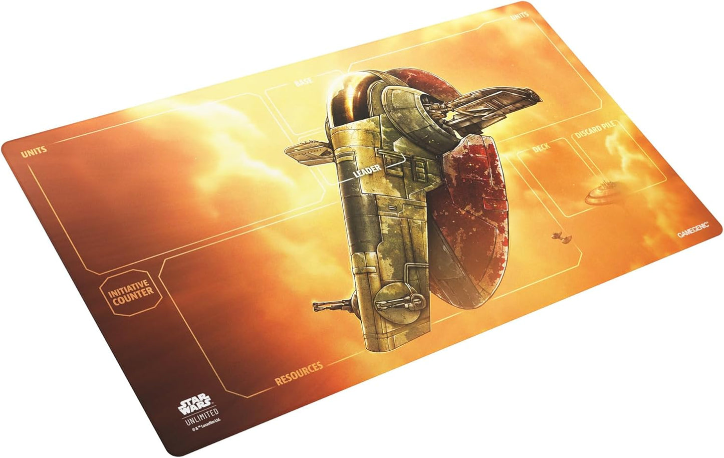 Star Wars: Unlimited Game Mat - Fett’s Firespray features high-action artwork of Boba Fett’s iconic ship fiery space scene