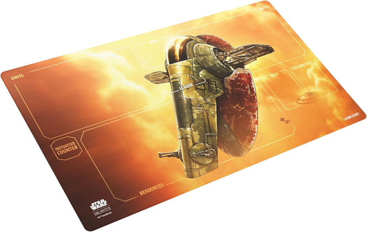 Star Wars: Unlimited Game Mat - Fett’s Firespray features high-action artwork of Boba Fett’s iconic ship fiery space scene