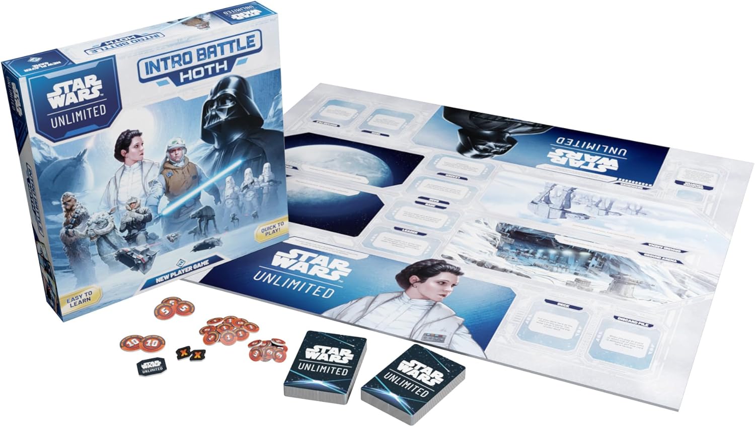Star Wars Unlimited Hoth battle game set with packaging and components on a white background