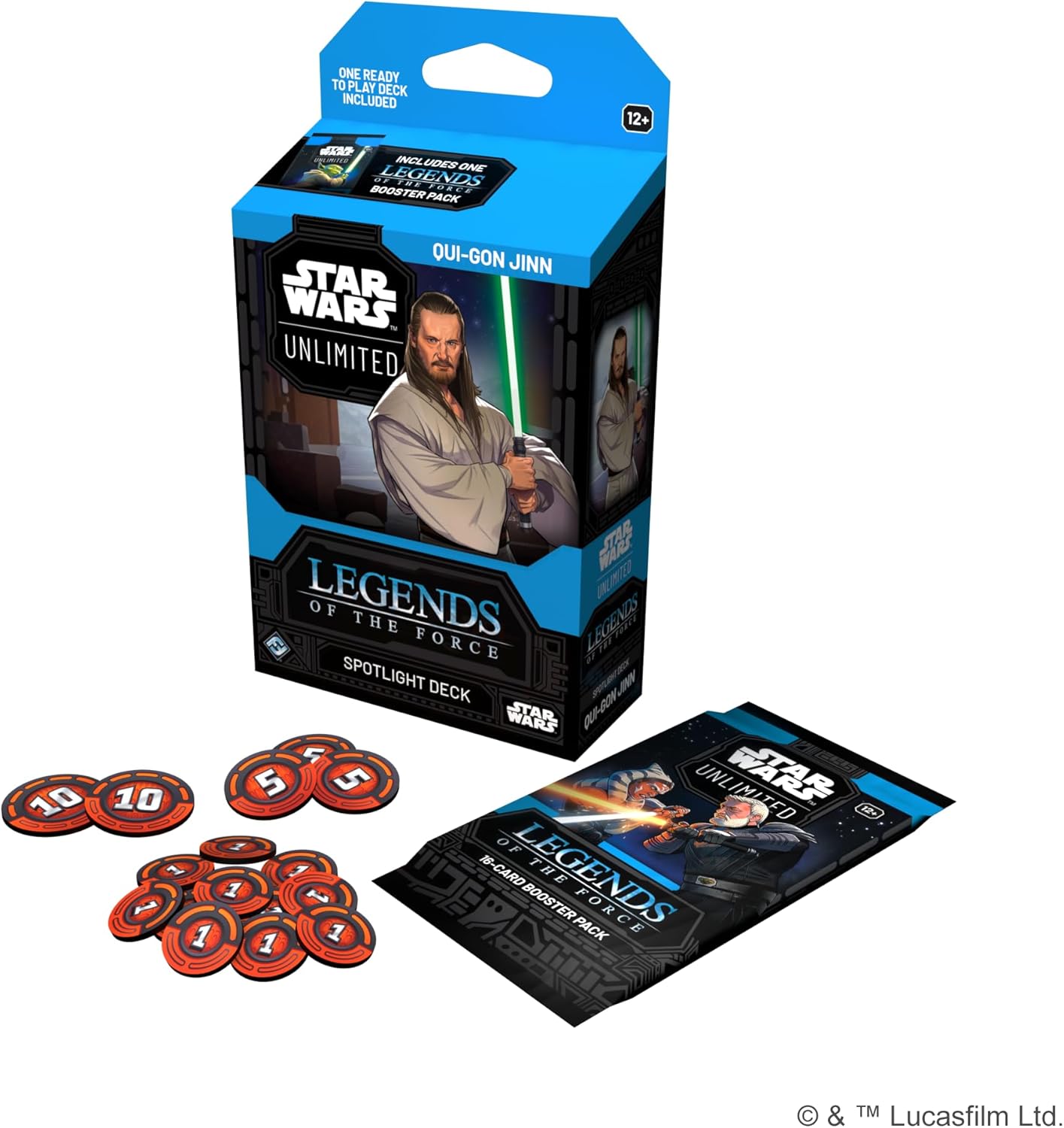 Star Wars Unlimited Legends of the Force Oui-Gon Jinn spotlight deck packaging, with tokens on display