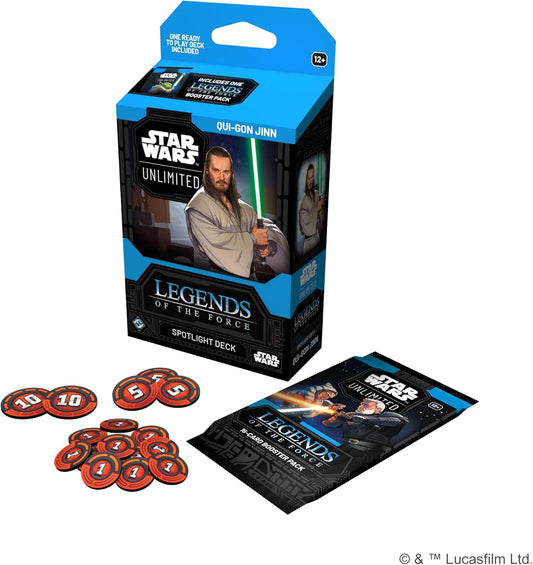 Star Wars Unlimited Legends of the Force Oui-Gon Jinn spotlight deck packaging, with tokens on display