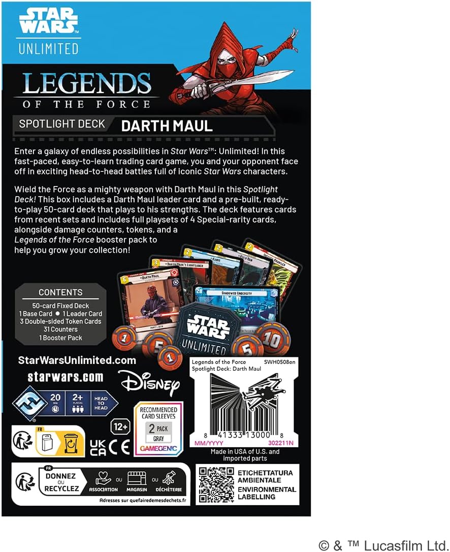 Star Wars Unlimited Darth Maul Legends of the Force Spotlight Deck packaging back with introduction text