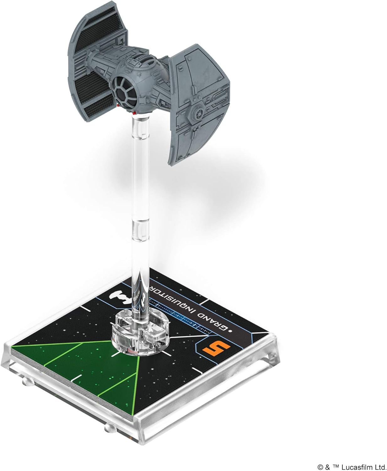 Star Wars toy model of a TIE fighter on a display stand with a white background