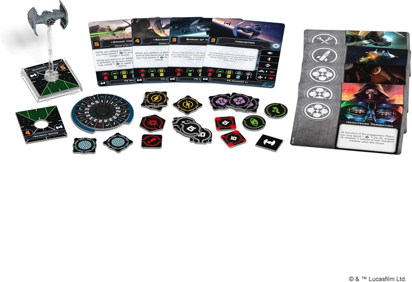 Board game components including cards, tokens, and a miniaturized model on a white background.