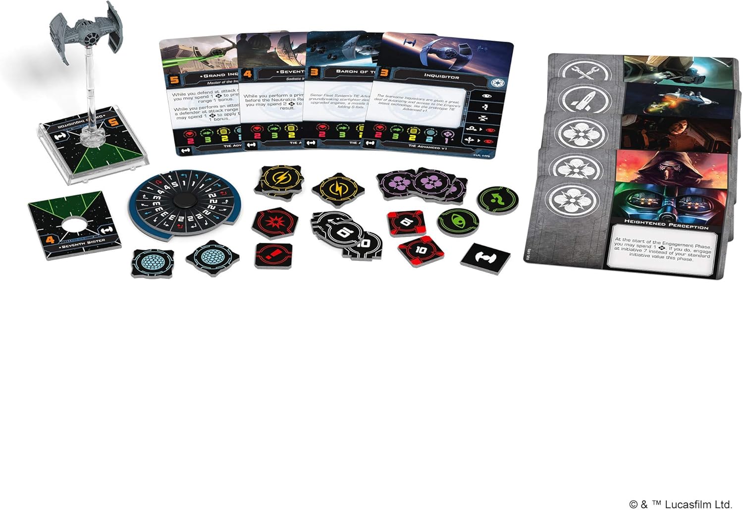 Board game components including cards, tokens, and a miniaturized model on a white background.