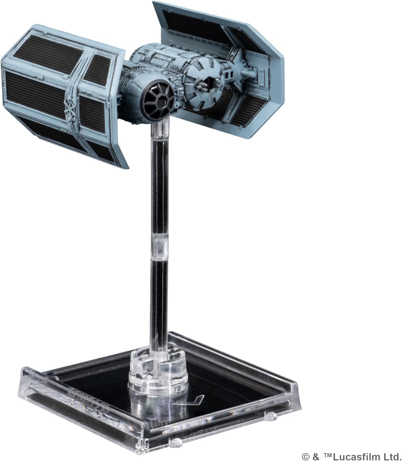 Model of a TIE fighter on a stand with a clear base, featuring Lucasfilm logo.