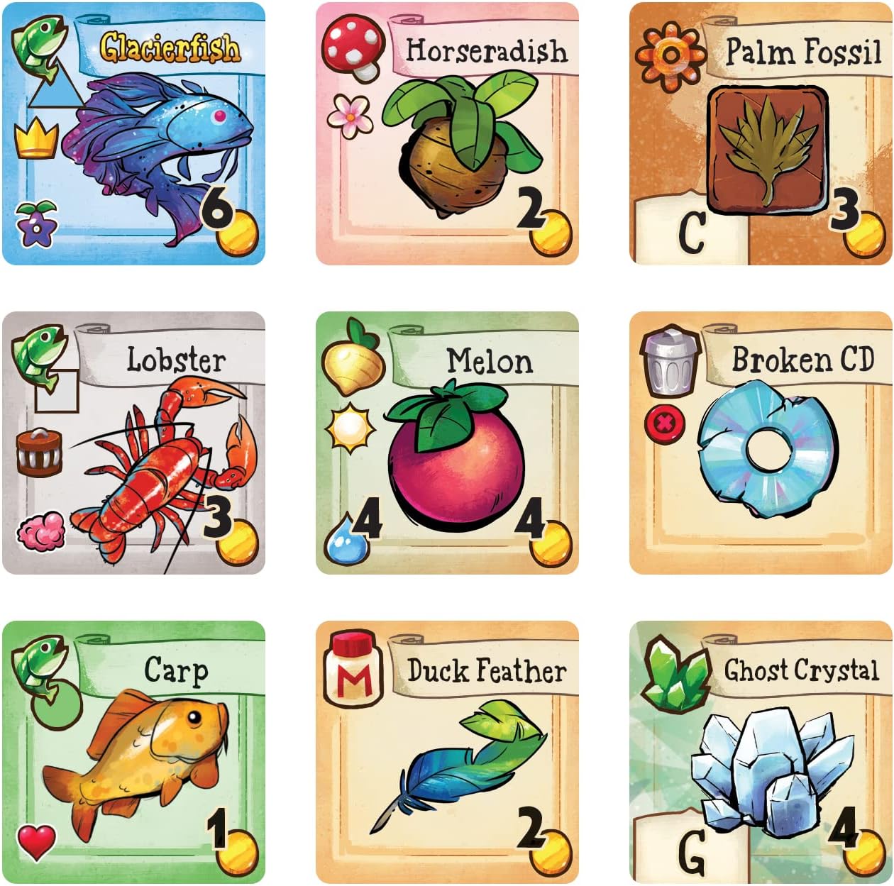 Set of colourful game cards with various symbols of fish, fruit, fossils and text for Cooperative farming board game