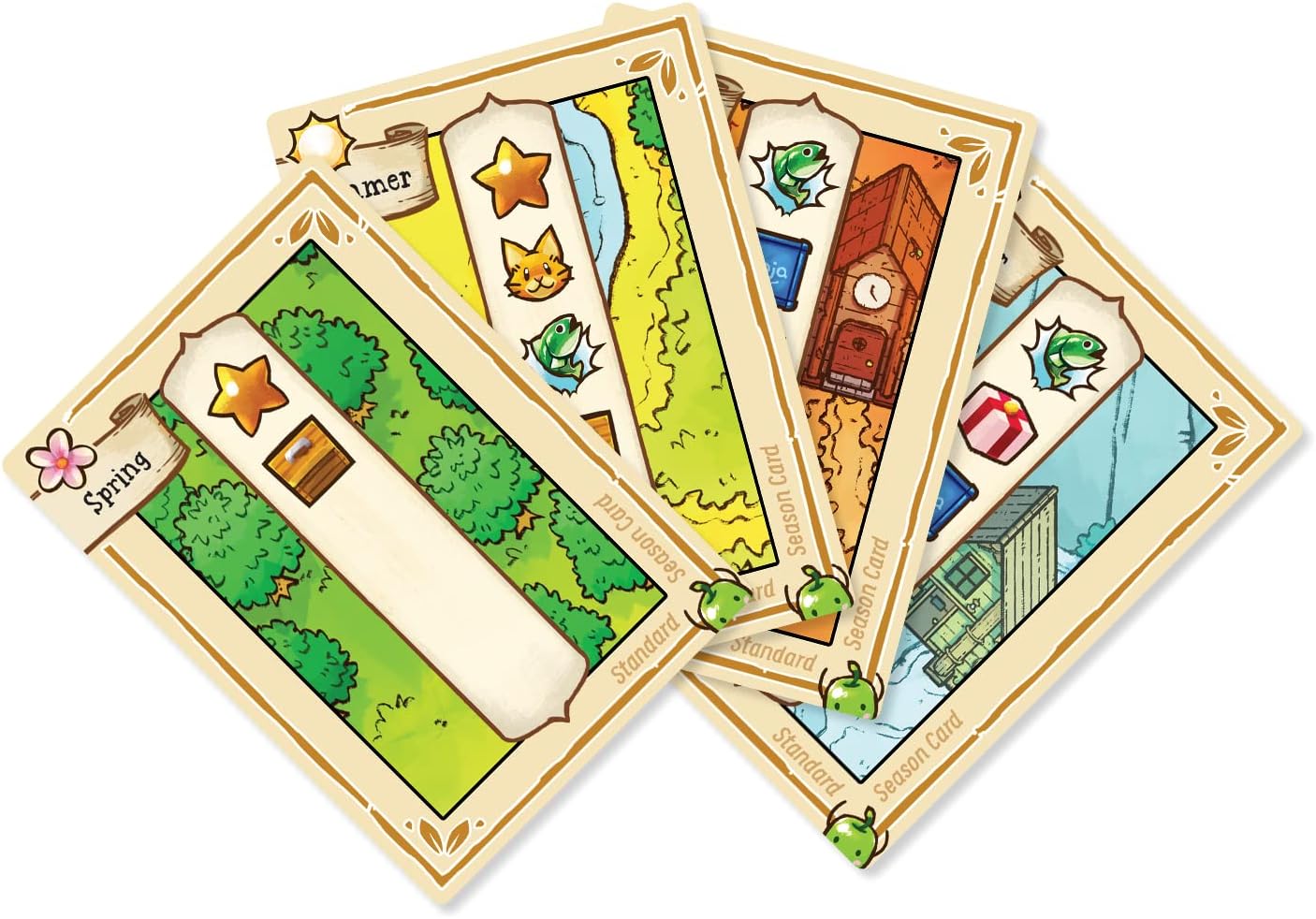 Set of illustrated cards with various designs for Stardew Cooperative farming board game on a white background