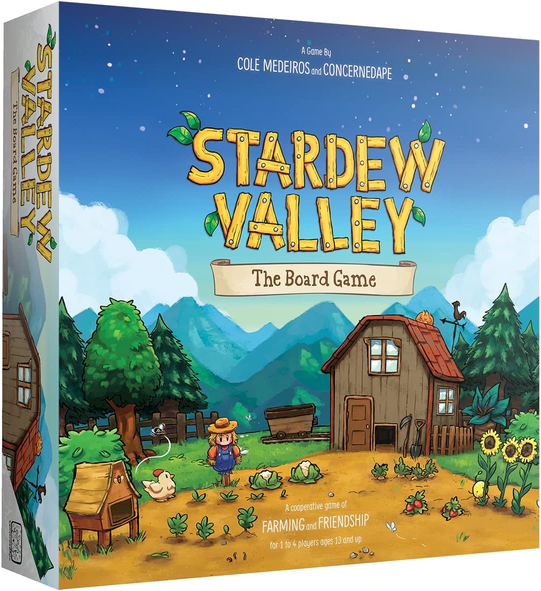 Cooperative farming board game product box for 'Stardew Valley' with a farm scene on the cover