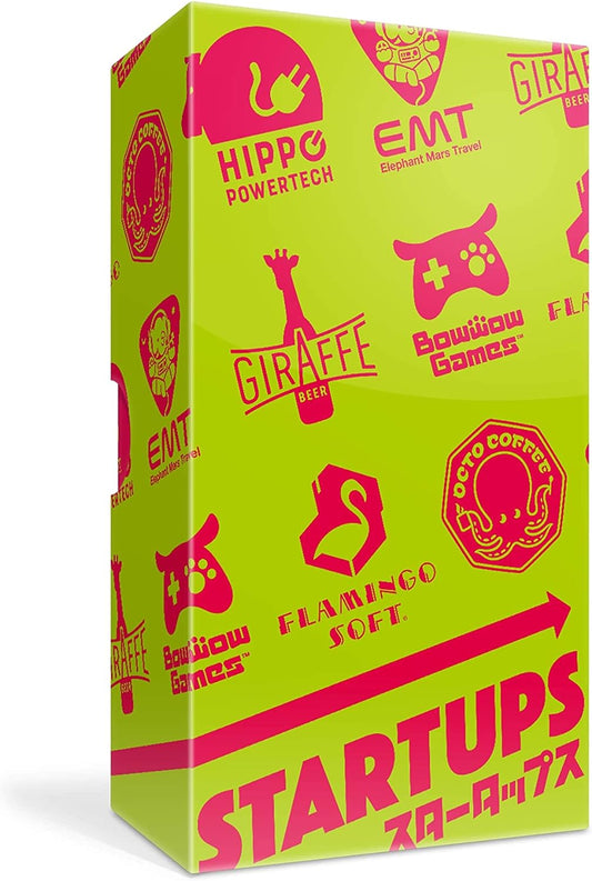 Green box with pink logos and text, featuring the word 'Startups'.