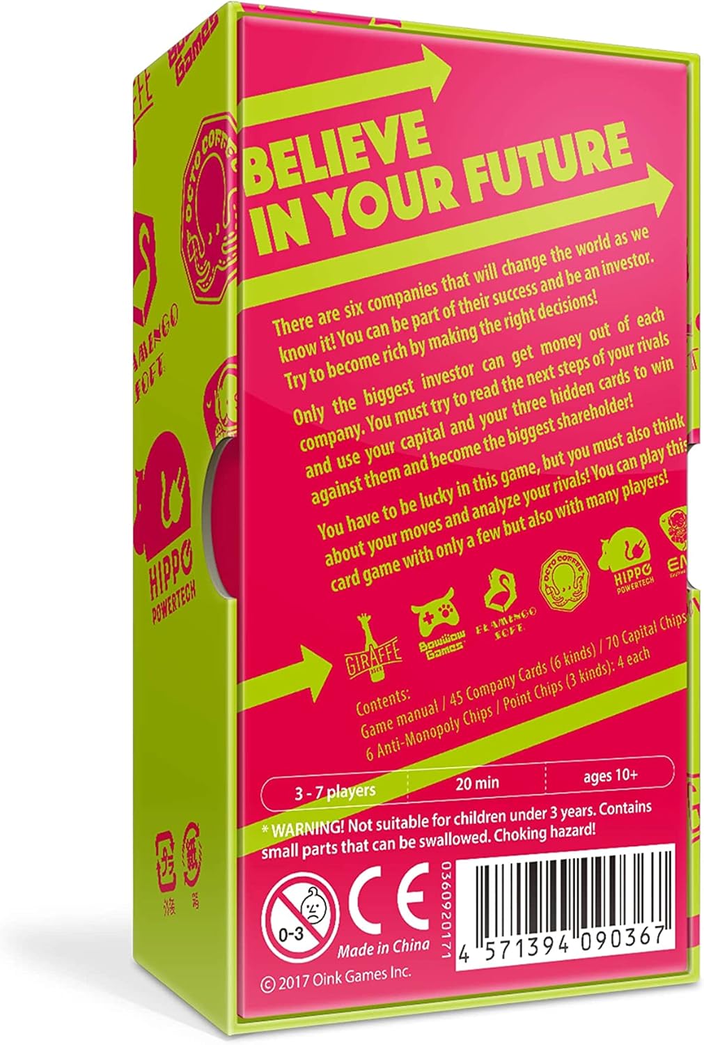 Pink and green game box for Startups game with text 'Believe in Your Future' and branding on a white background