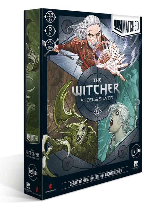 The Witcher Steel & Silver board game box, featuring illustrated artwork of Geralt of Rivia casting a spell, a green dragon, and Ciri, with the Unmatched label in the top right corner.