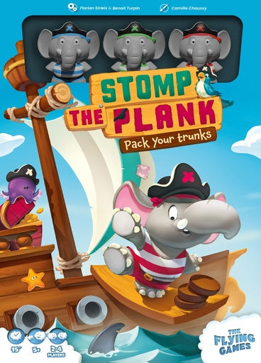 Game box for 'Stomp the Plank' with cartoon characters on a boat and shipwreck background.