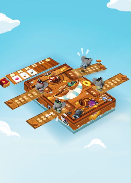 Wooden puzzle platform game with characters and items on a blue sky background