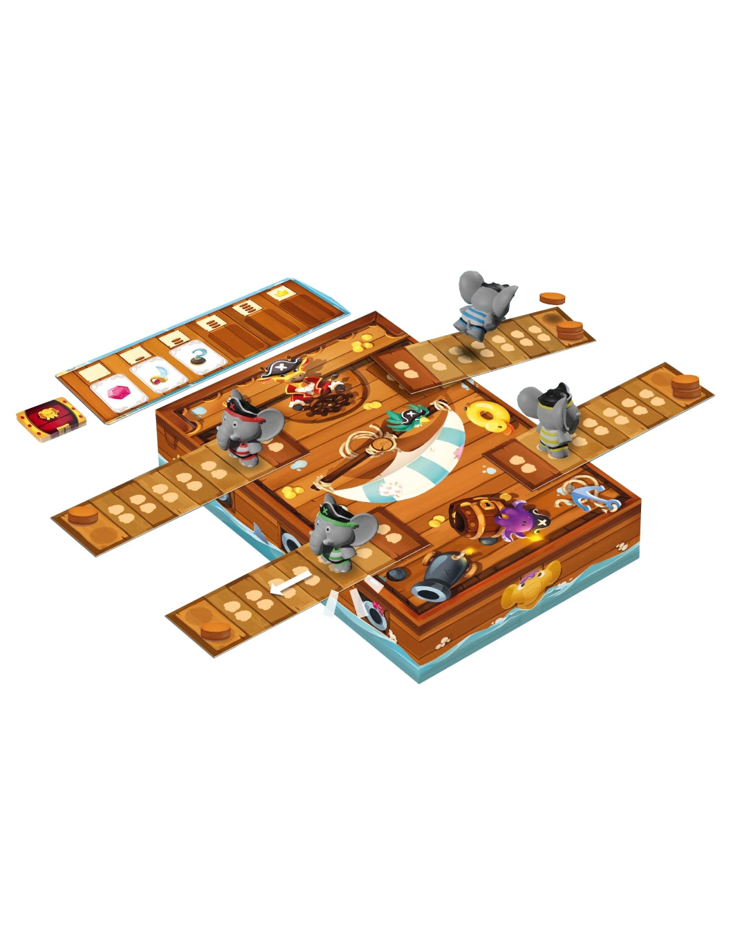 Stomp the plank board game set is displayed on a clean white background. The game features a central wooden ship deck with cartoon animal characters, winding brown tracks, and various themed cards and pieces.