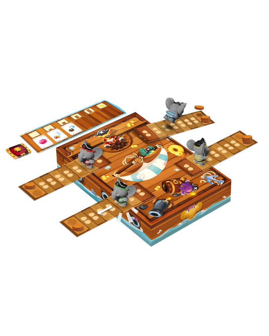 Stomp the plank board game set is displayed on a clean white background. The game features a central wooden ship deck with cartoon animal characters, winding brown tracks, and various themed cards and pieces.