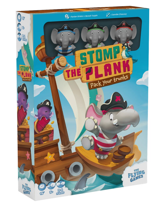The Flying Games Stomp the Plank board game box, featuring a colourful pirate-themed illustration with an elephant in a boat and three elephant characters visible through a clear window at the top.