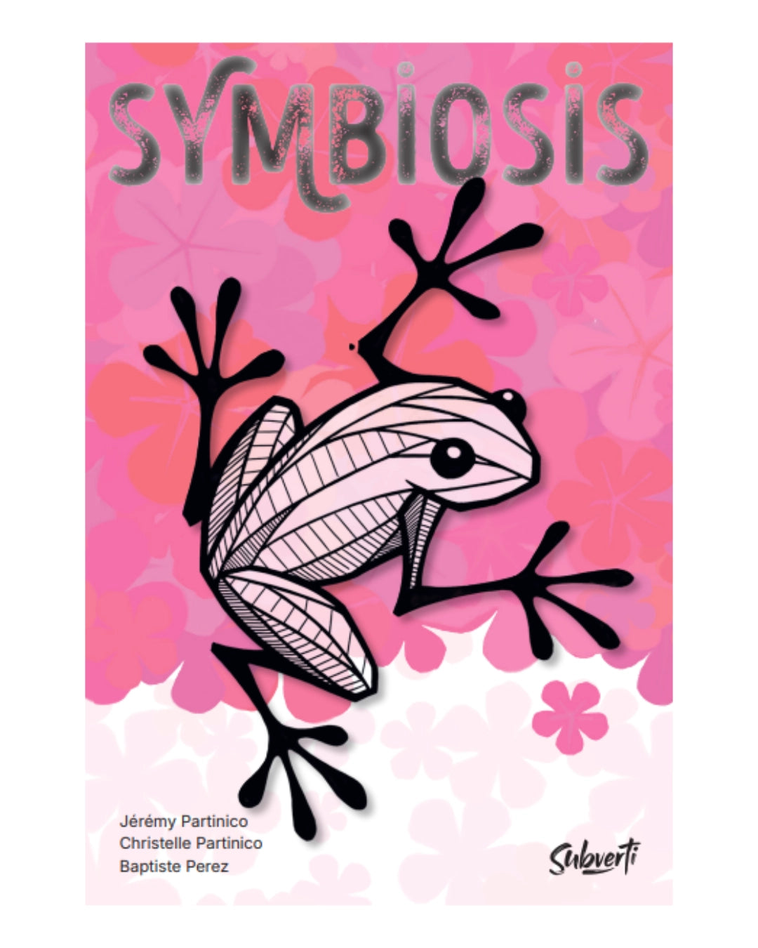 Card game cover of 'Symbiosis' with a frog illustration on a pink floral background