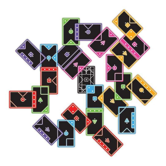 Colourful geometric card game pieces on a white background