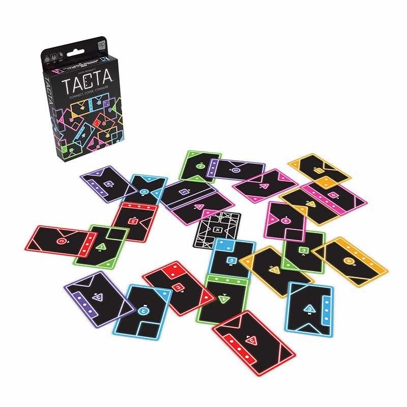 Colourful card game pieces with a box labelled 'TACTA' on a white background