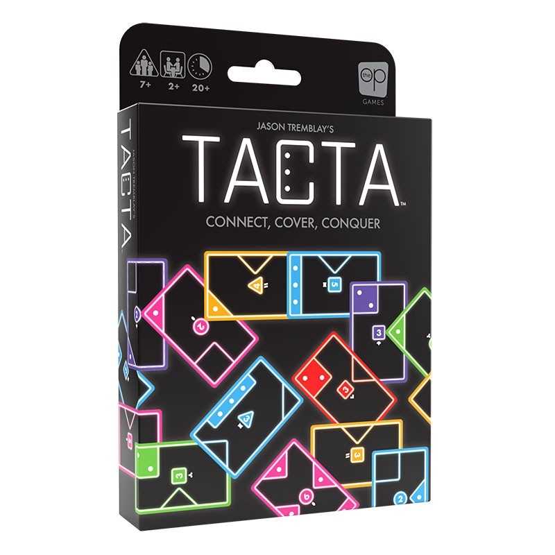 Tacta game packaging with colourful geometric shapes on a black background