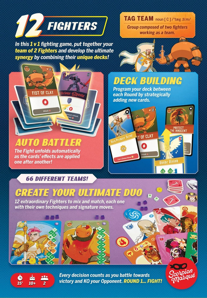 Tag Team Card game packaging with fighter illustrations and text about deck building and team creation.