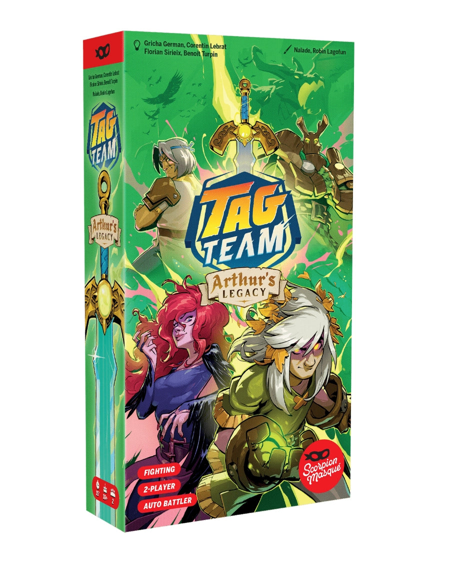 TAG Team: Arthur's Legacy board game box shown at a three-quarter angle on a plain white background. The box features colourful fantasy character artwork on a bright green background with the TAG TEAM logo prominently displayed on the front and spine.