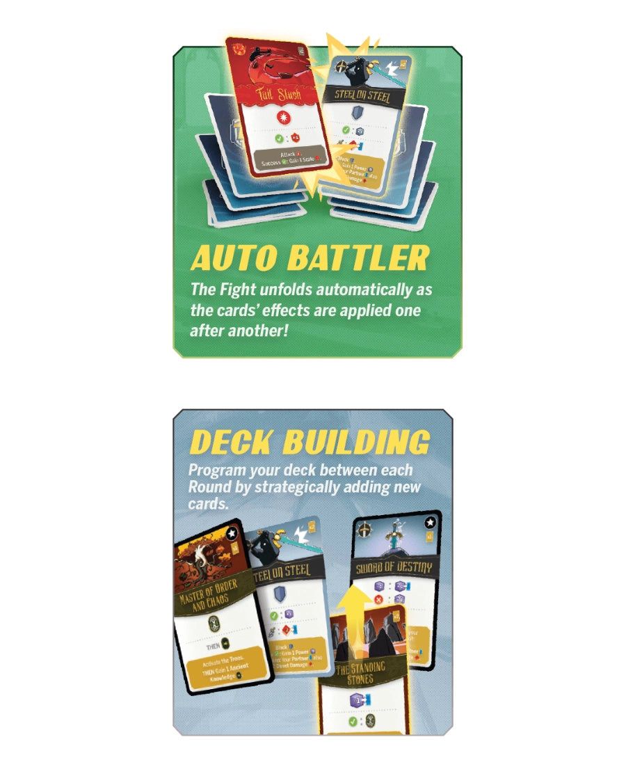 Scorpion Masque 'Tag Team: Arthur's Legacy' card game. Two informational product panels on a white background. The top panel, with a green background and yellow text reading 'AUTO BATTLER,' shows illustrated game cards being unfolded.