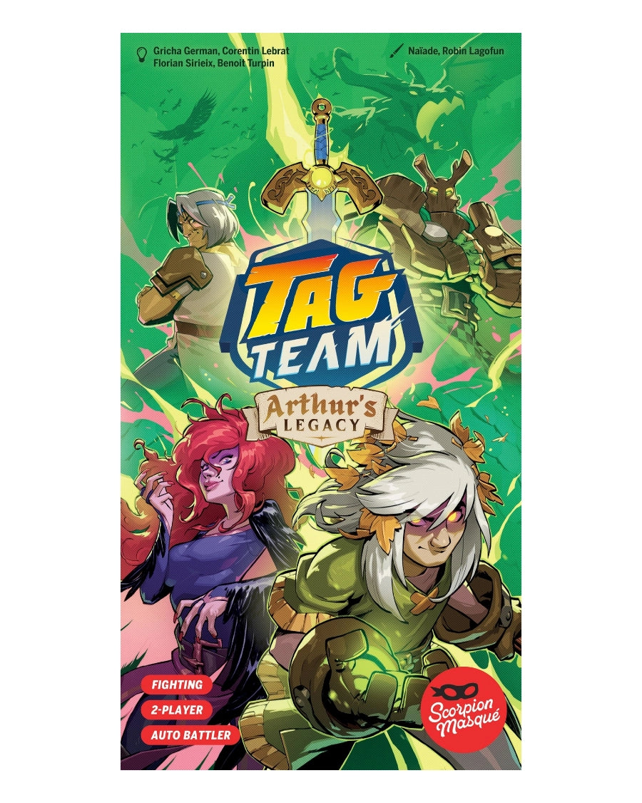 Front cover of the Scorpion Masque 'Tag Team: Arthur's Legacy' card game box, featuring colourful anime-style character illustrations on a bright green background with the product title in large blue and yellow text.