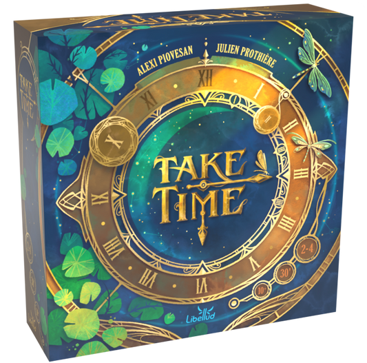 Take Time card game box with gold clock with roman numerals.