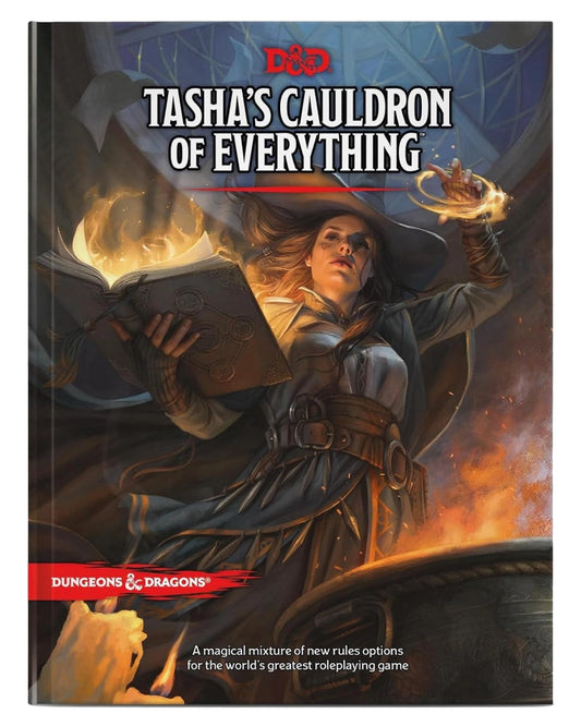 Book titled 'Tasha's Cauldron of Everything' for Dungeons & Dragons with a character holding a book and casting a spell on the cover.