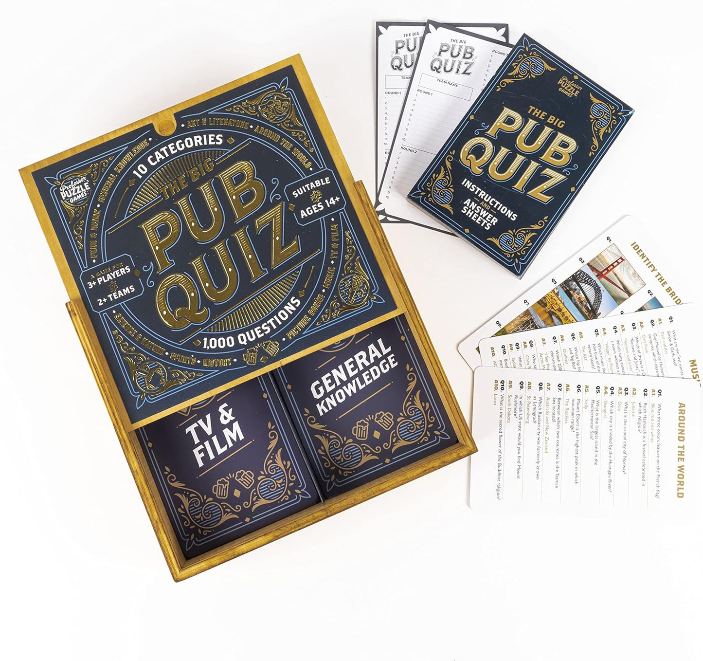 The Big Pub Quiz game wooden product packaging opened to show question cards
