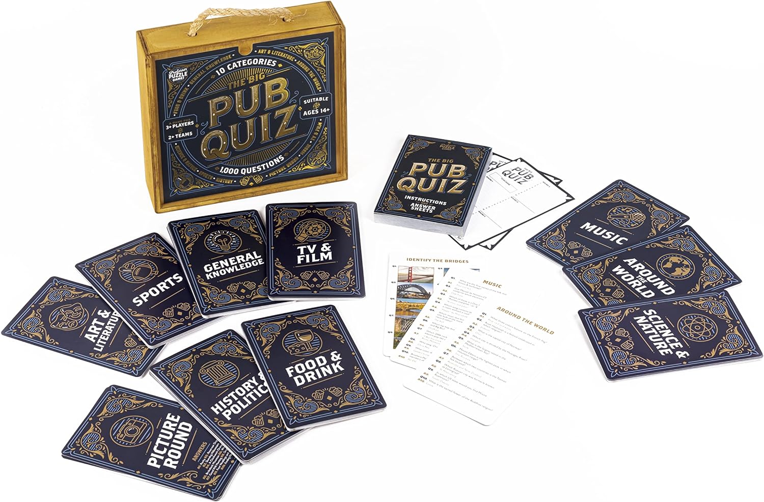 The Big Pub Quiz game wooden product packaging with all question cards laid out on a white background