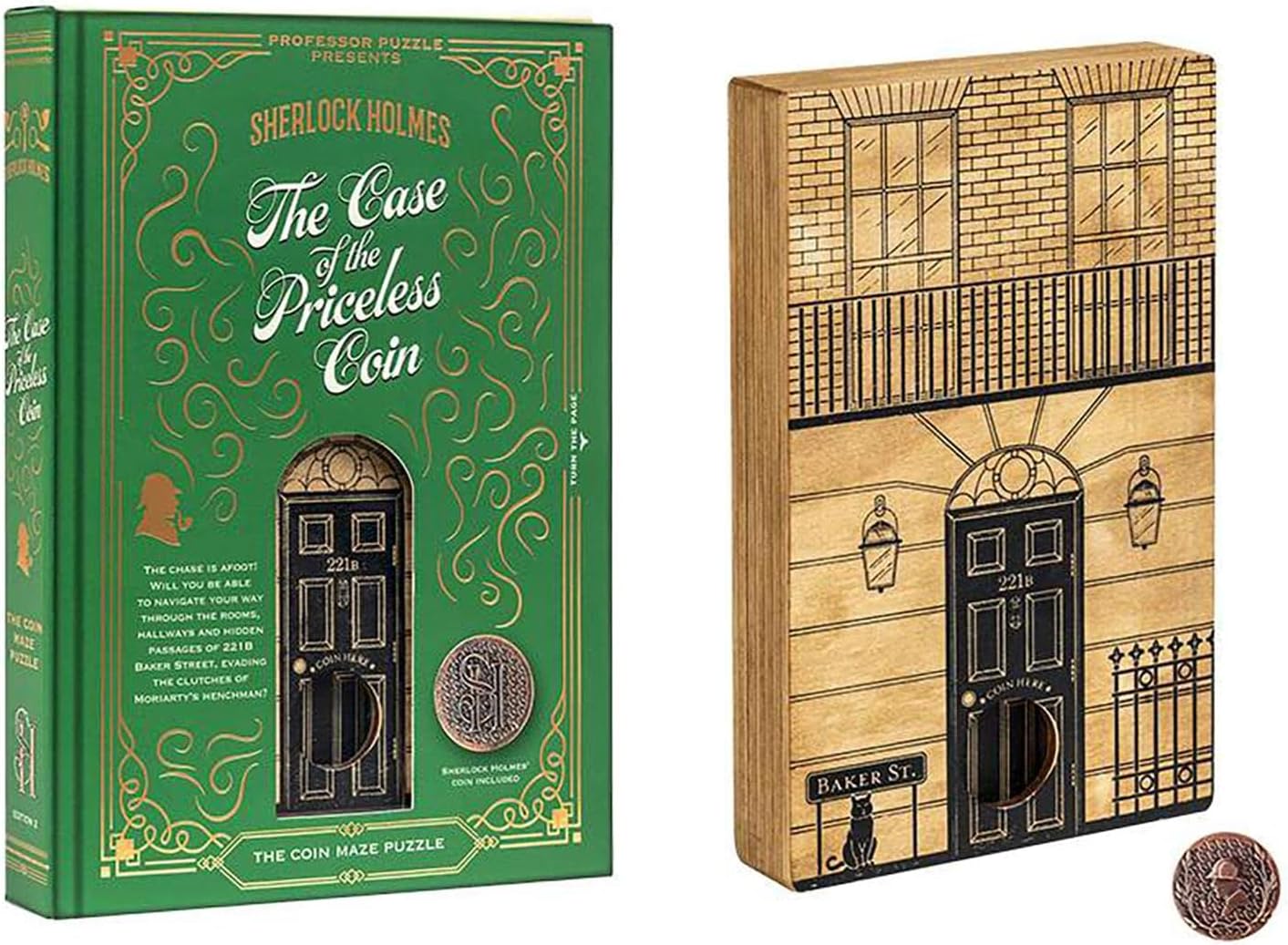Sherlock Holmes-themed puzzle box with green and wooden design