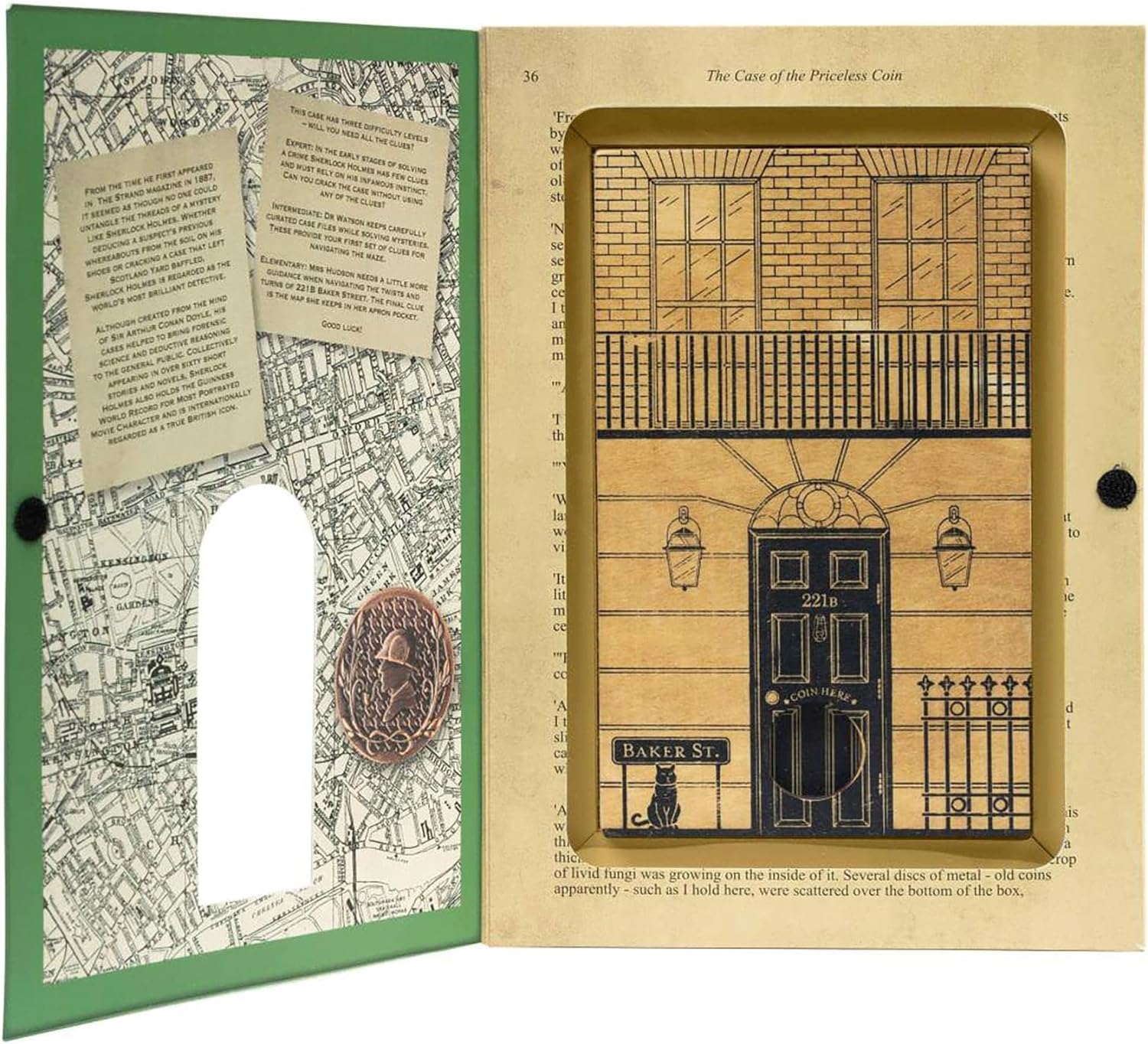 Open book with a detailed illustration of a door and text on a vintage map background