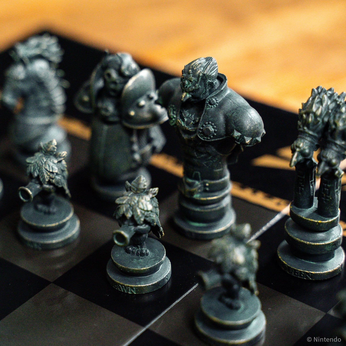 The Legend of Zelda chess pieces on a chessboard with a warm-toned background