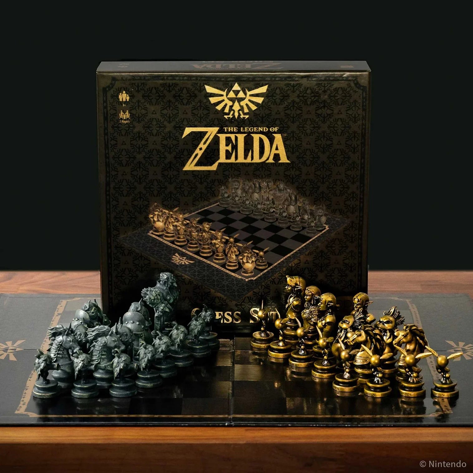 Chess set inspired by 'The Legend of Zelda' with detailed pieces and branded box on a wooden surface.