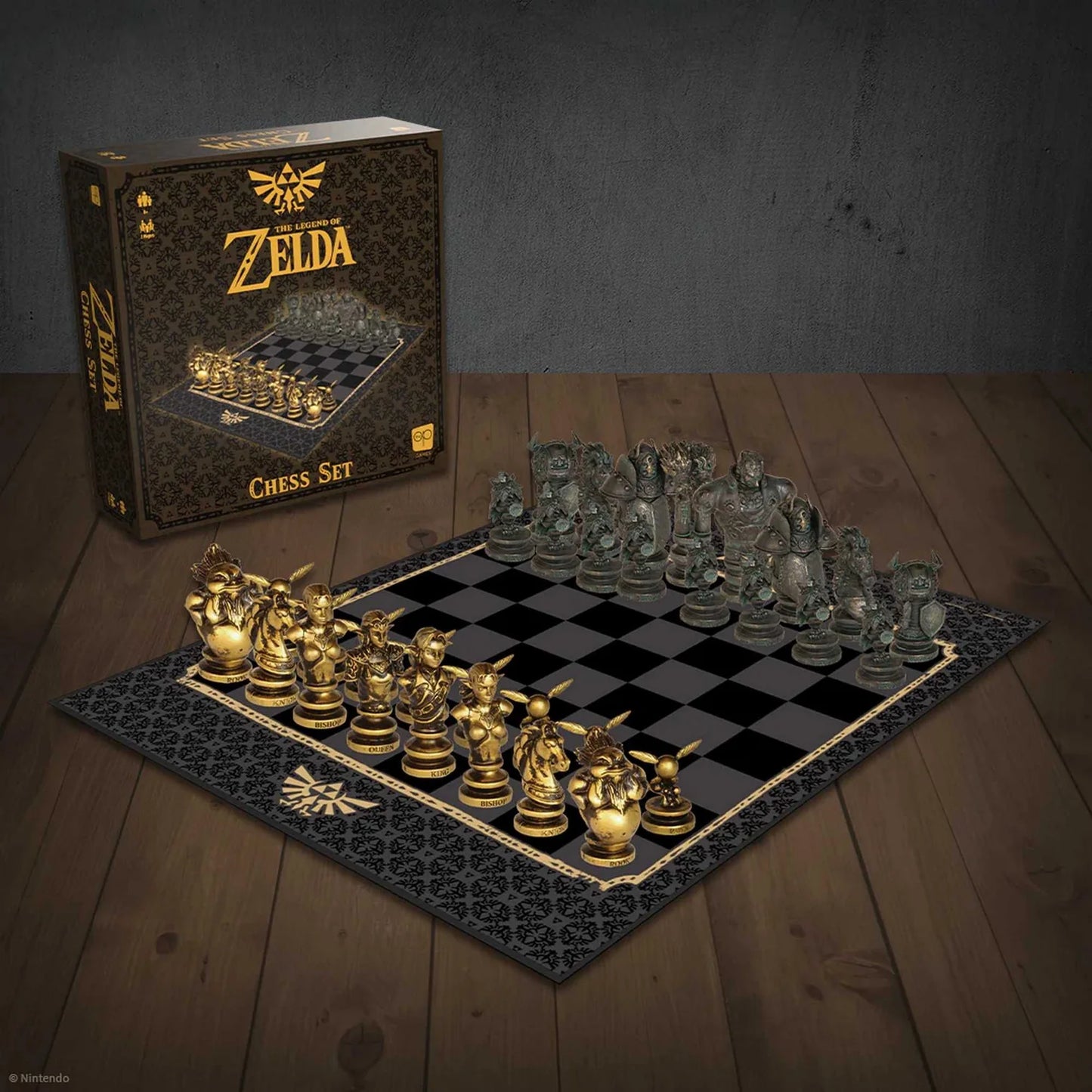 The Legend of Zelda chess set with pieces and board on a wooden table