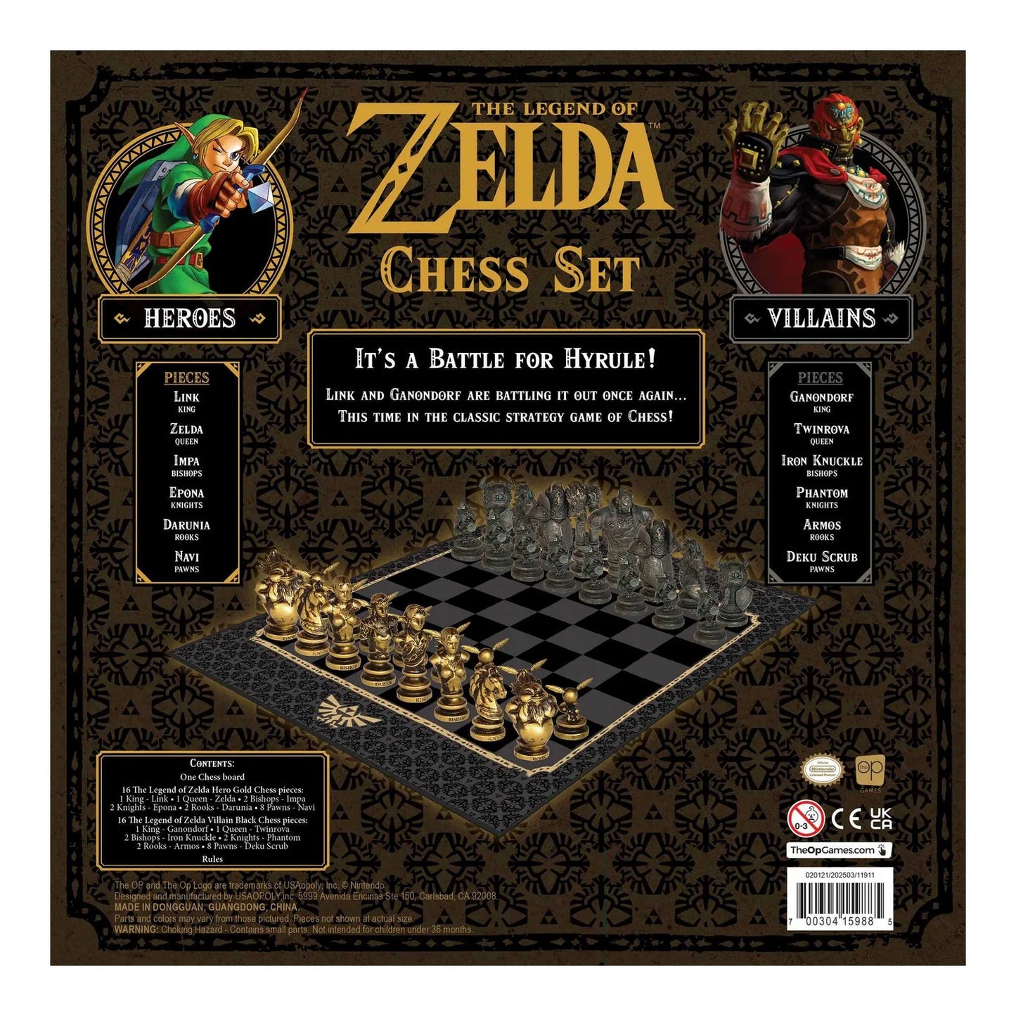 Chess set packaging featuring characters from 'The Legend of Zelda' with a dark background and gold accents.
