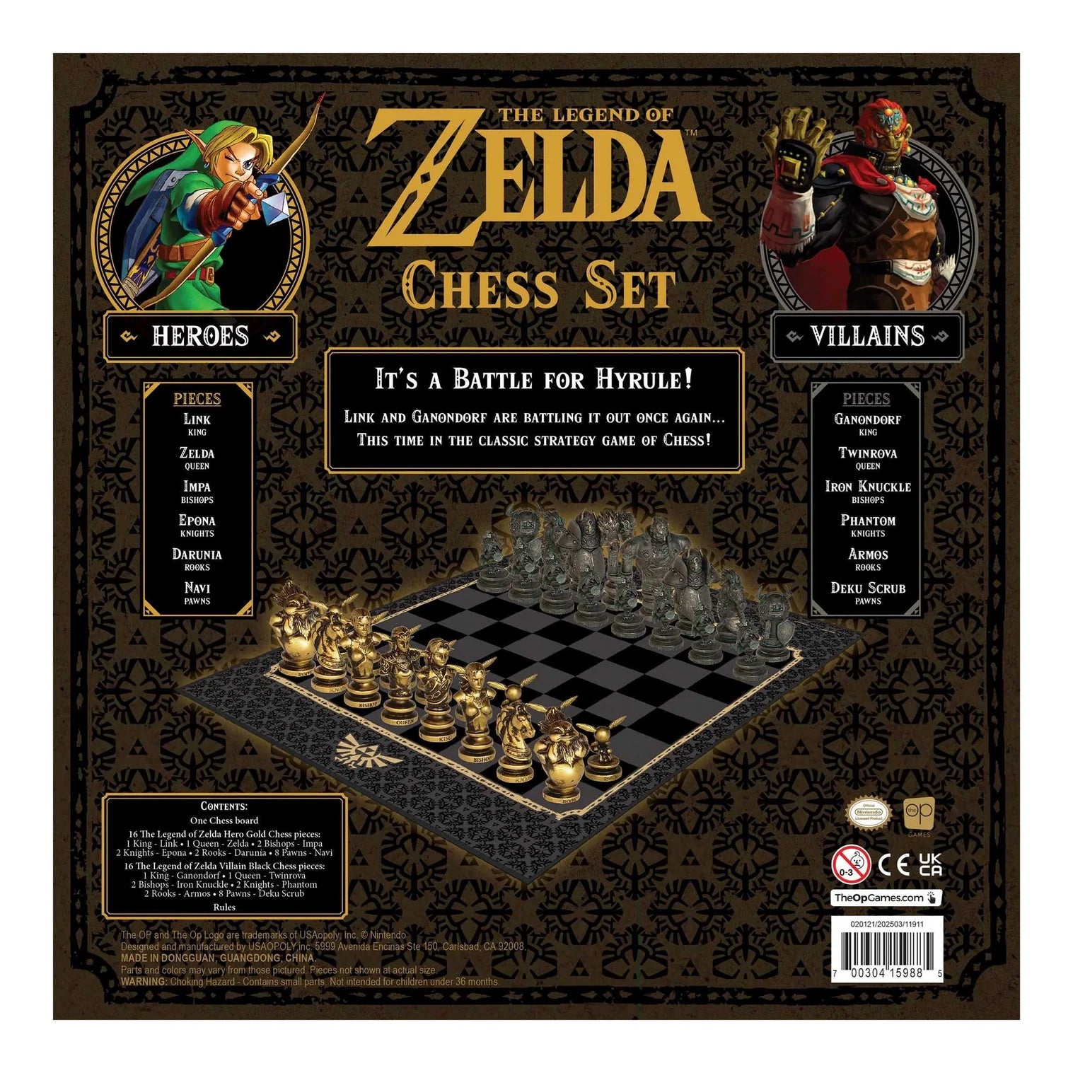 Chess set packaging featuring characters from 'The Legend of Zelda' with a dark background and gold accents.
