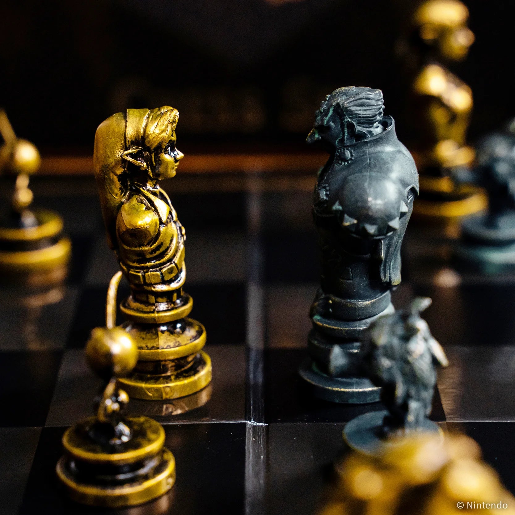 Close-up of The Legend of Zelda chess pieces on a chessboard with a dark background.