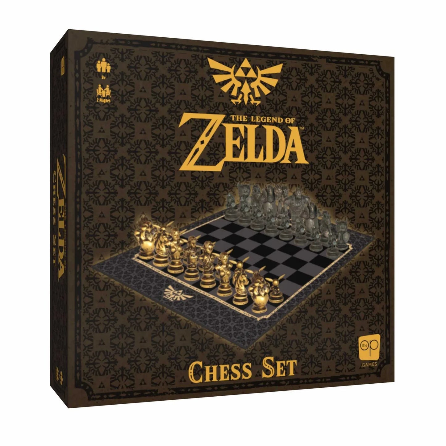 Chess set packaging with 'The Legend of Zelda' logo and chess pieces on a checkered board.