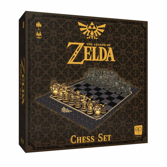 Chess set packaging with 'The Legend of Zelda' logo and chess pieces on a checkered board.